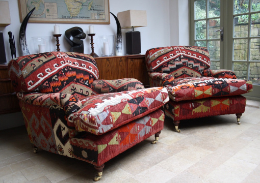 Pair of Lansdown Chairs upholstered in Turkish Kilim